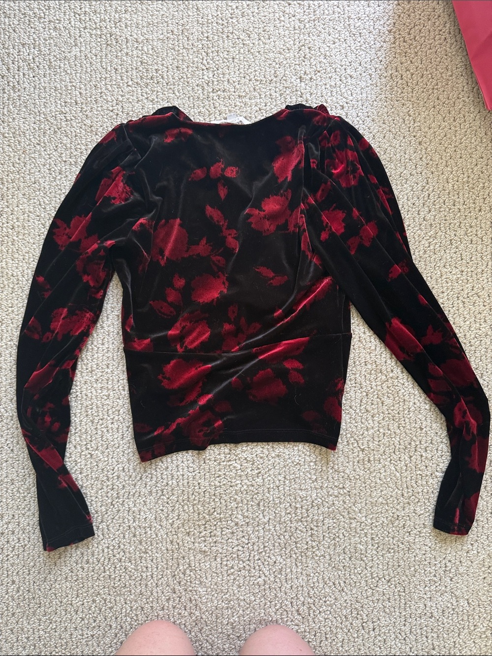 LOFT Black Velvet Wrap Top with Red Floral Burnout - Picture 4 of 4